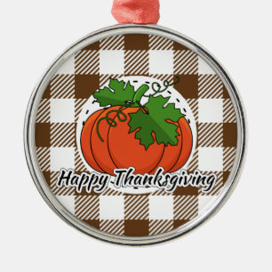 Pumpkin on Brown Plaid - Happy Thanksgiving Metal Ornament
