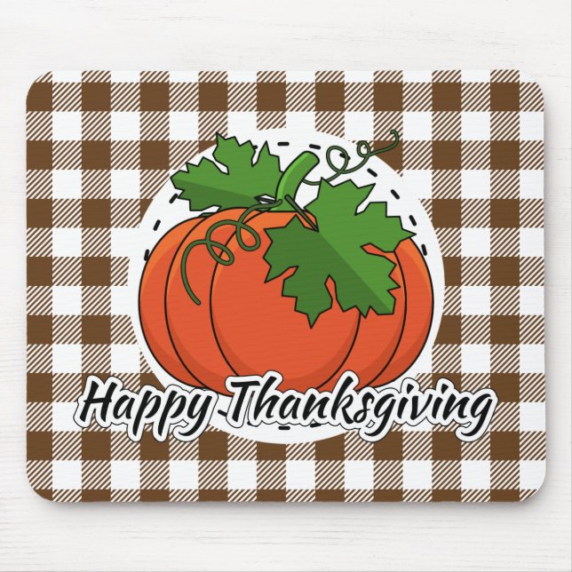 Pumpkin on Brown Plaid - Happy Thanksgiving Mouse Pad (Front)