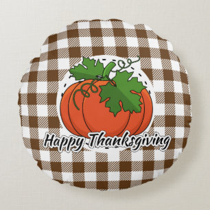 Pumpkin on Brown Plaid - Happy Thanksgiving Round Cushion