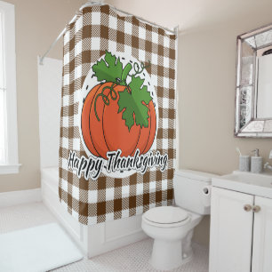 Pumpkin on Brown Plaid - Happy Thanksgiving Shower Curtain
