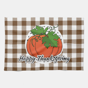 Pumpkin on Brown Plaid - Happy Thanksgiving Tea Towel