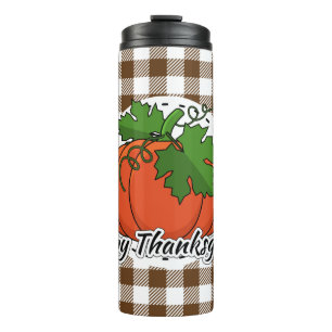 Pumpkin on Brown Plaid - Happy Thanksgiving Thermal Tumbler