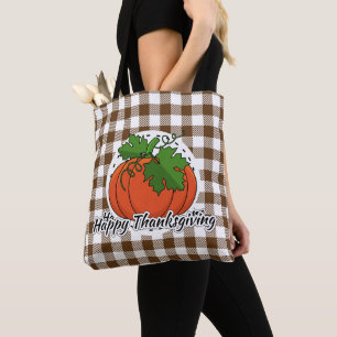 Pumpkin on Brown Plaid - Happy Thanksgiving Tote Bag