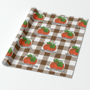 Pumpkin on Brown Plaid - Happy Thanksgiving Wrapping Paper