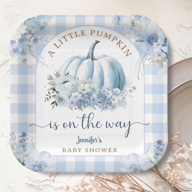 Pumpkin On The Way Baby Shower Boy Blue Fall Paper Plate (Creator Uploaded)