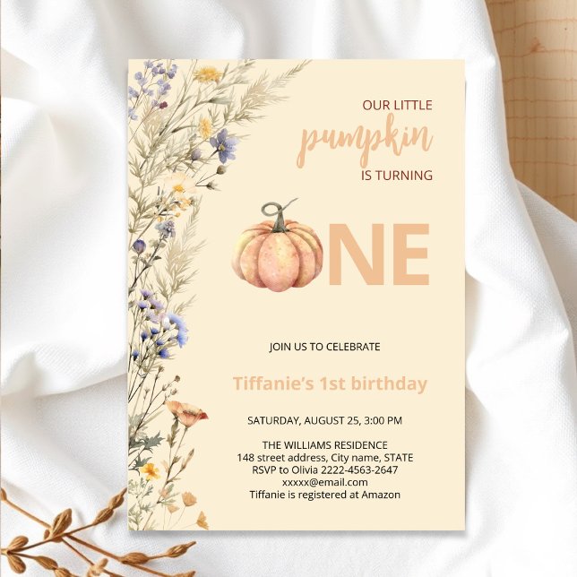 Pumpkin one fall first birthday invitation (Little Pumpkin Baby Shower Invitation – Fall Autumn Gender Neutral Invite)