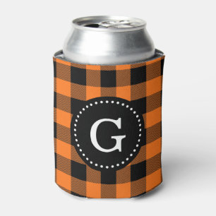 Pumpkin Orange Blk Buffalo Check Plaid 1I Monogram Can Cooler