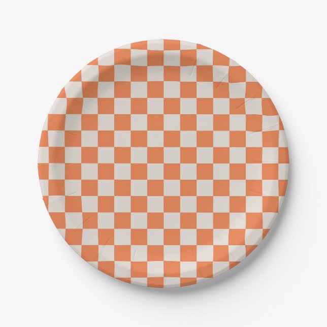 Pumpkin Orange & Bone Checkerboard Party Plate (Front)