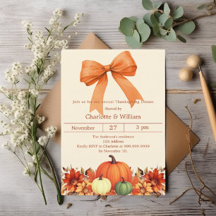 Pumpkin orange bow Thanksgiving Dinner Invitation