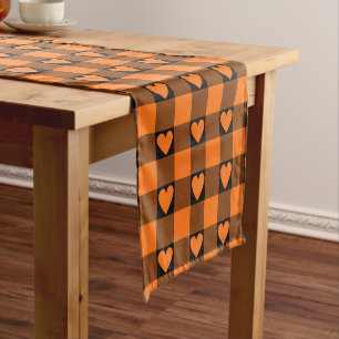 Pumpkin Orange Buffalo Heart Plaid Table Runner