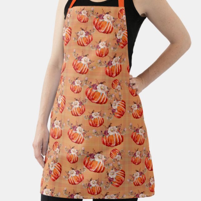 Pumpkin orange fall floral plaid check autumn apron (Creator Uploaded)