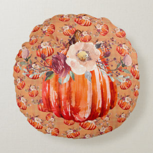 Pumpkin orange fall floral plaid check autumn round cushion