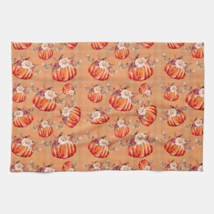 Pumpkin orange fall floral plaid check autumn tea towel