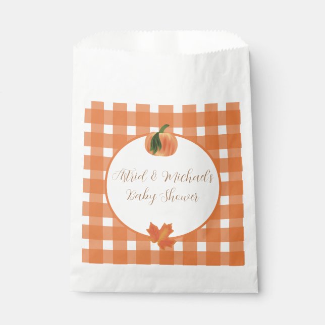 Pumpkin Orange Gingham Fall Baby Shower Favour Bag (Front)