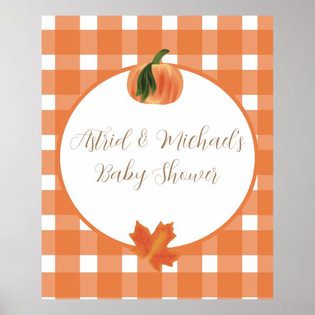 Pumpkin Orange Gingham Fall Baby Shower Poster (Front)