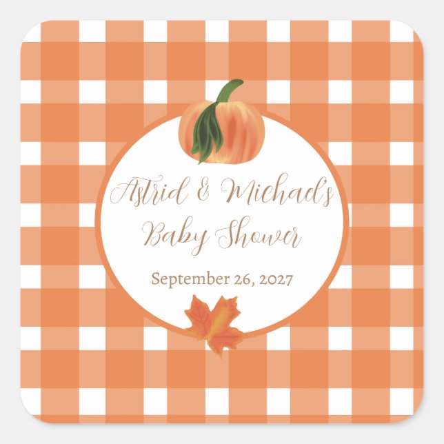 Pumpkin Orange Gingham Fall Baby Shower  Square Sticker (Front)