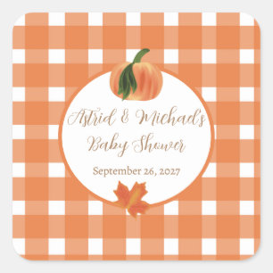 Pumpkin Orange Gingham Fall Baby Shower  Square Sticker