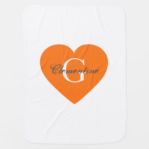 Pumpkin Orange Heart Name Initial Monogram Baby Blanket