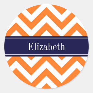Pumpkin Orange Lg Chevron Navy Name Monogram Classic Round Sticker