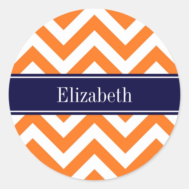 Pumpkin Orange Lg Chevron Navy Name Monogram Classic Round Sticker (Front)