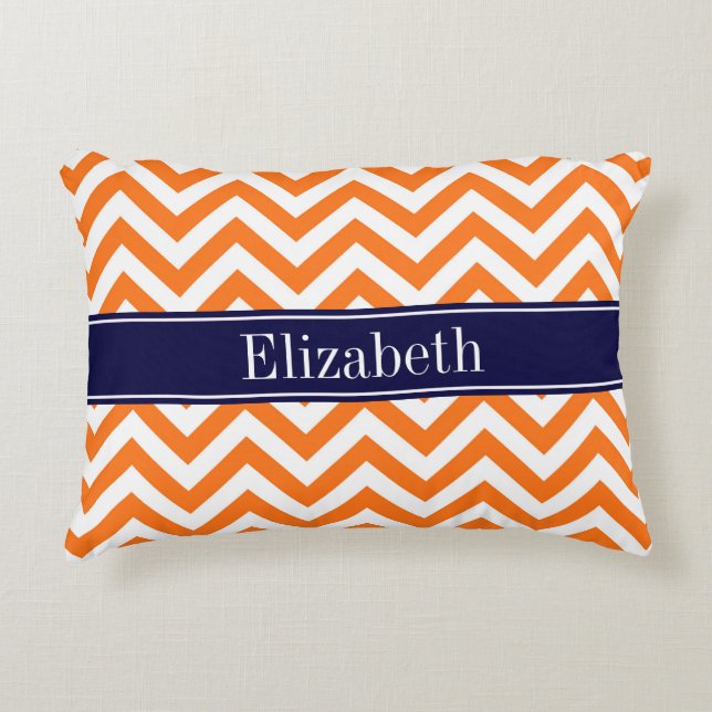 Pumpkin Orange Lg Chevron Navy Name Monogram Decorative Cushion (Front)