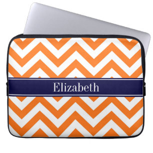 Pumpkin Orange Lg Chevron Navy Name Monogram Laptop Sleeve