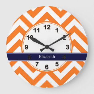 Pumpkin Orange Lg Chevron Navy Name Monogram Large Clock