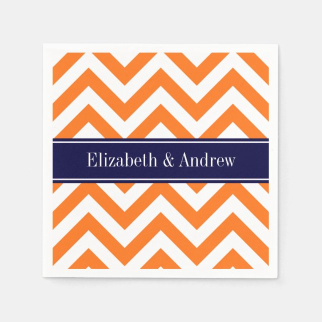 Pumpkin Orange Lg Chevron Navy Name Monogram Napkin (Front)