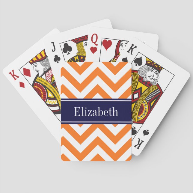 Pumpkin Orange Lg Chevron Navy Name Monogram Playing Cards (Back)