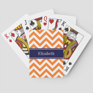 Pumpkin Orange Lg Chevron Navy Name Monogram Playing Cards
