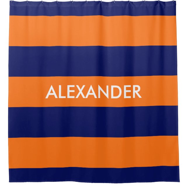 Pumpkin Orange Navy Blue Bold H Stripe #3 Monogram Shower Curtain (Front)
