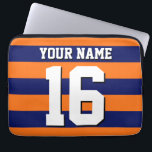Pumpkin Orange Navy Blue Team Jersey Preppy Stripe Laptop Sleeve<br><div class="desc">Preppy Sporty Rugby Striped Pumpkin Orange, Navy Blue Team Jersey / Sports Jersey / Football Jersey Style, Custom Name, Custom Number Customise this with your own name or team name and number. You can change the size, colour and placement of the text if you need to make changes as well...</div>