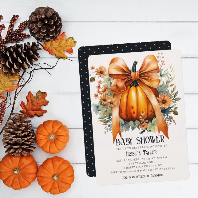 Pumpkin Orange Ribbon Unisex Fall Baby Shower Invitation (Creator Uploaded)