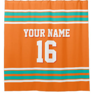 Pumpkin Orange Teal White Stripes Sports Jersey Shower Curtain