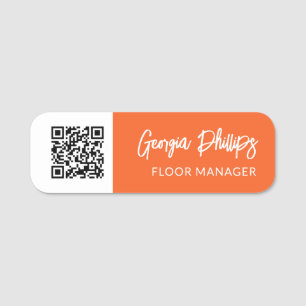 Pumpkin Orange White QR Code Brush Script Name Tag