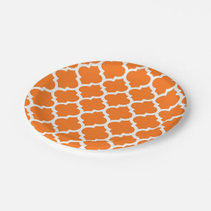 Pumpkin Orange Wht Moroccan Quatrefoil Pattern #5 Paper Plate