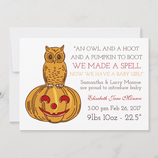 Pumpkin Owl & Gingham Baby Girl Announcement (Front)