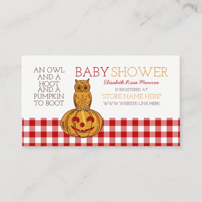 Pumpkin Owl & Gingham Baby Shower Gift Registry Enclosure Card (Front)