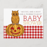 Pumpkin Owl & Gingham Baby Shower Invitation