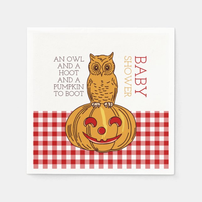 Pumpkin Owl & Gingham Baby Shower Napkin (Front)