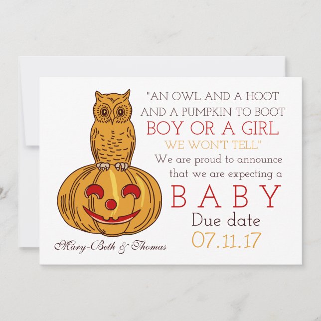 Pumpkin Owl & Gingham New Baby Announcement (Front)