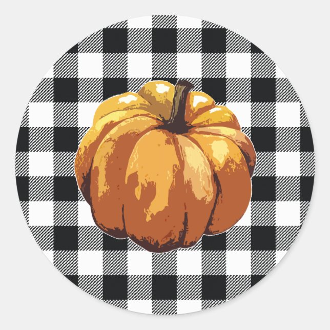 Pumpkin Painting Art Black Check Pattern Classic Round Sticker (Front)