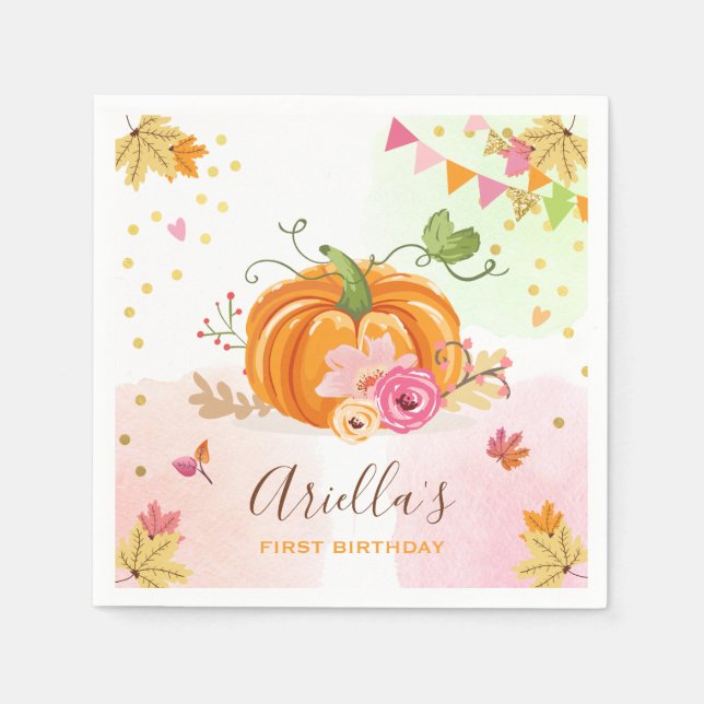 Pumpkin Paper Napkin Fall Birthday Girl Pink Gold (Front)