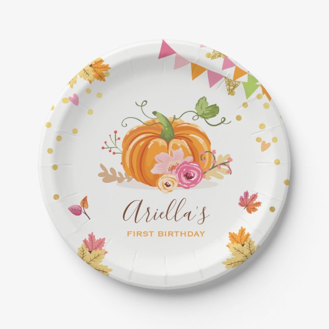 Pumpkin Paper Plates Pink Gold Birthday Autumn (Front)