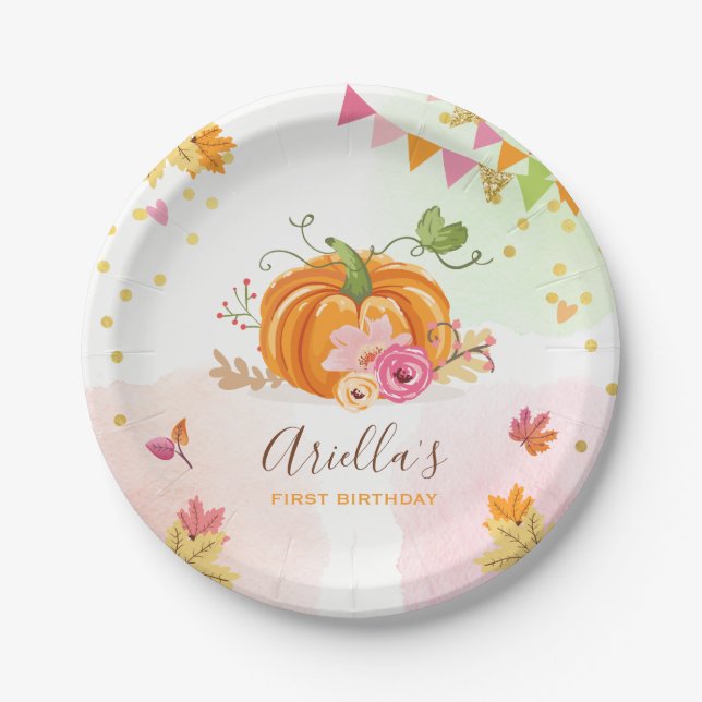 Pumpkin Paper Plates Pink Gold Birthday Autumn (Front)