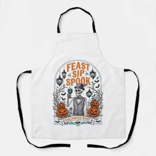 Pumpkin Party Skeleton Halloween Feast Sip Spook Apron