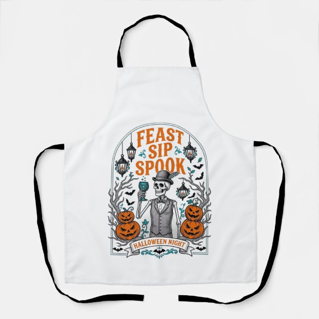 Pumpkin Party Skeleton Halloween Feast Sip Spook Apron (Front)