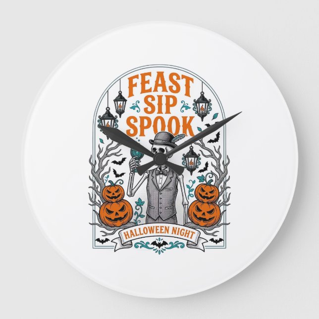 Pumpkin Party Skeleton Halloween Feast Sip Spook Large Clock (Front)
