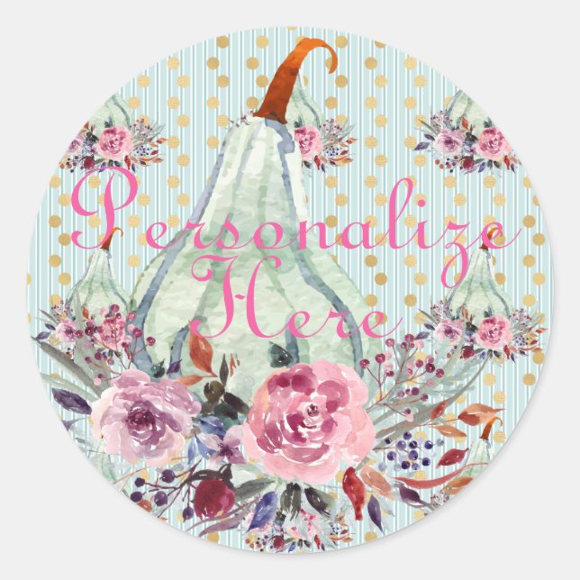 Pumpkin pastel elegant fall floral autumn teal classic round sticker (Front)