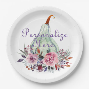 Pumpkin pastel elegant fall floral autumn teal paper plate